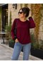 All-Day Elegance Women's Crew Neck Black Leather Cuff Detailed Relaxed Fit Crepe Blouse - 3