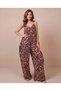 Women's Rope Strap V-Neck Leopard Patterned Oversize Wide Leg Pocket Detailed Loose Jumpsuit