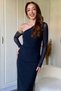 One-Shoulder Stoned Tulle Sleeve Midi Navy Blue Dress