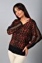Women's Leopard Pattern Long Sleeve Blouse with Mesh and Stone Accessories