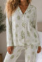 Women's Knitted Shirt Collar Green Pajama Set - 3