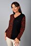 Women's Leopard Patterned V-Neck Long Sleeve Blouse with Bow Accessory on the Front - 2
