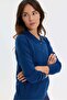 Women's Polo Collar Knitted Sweater with Front Knitting Y.A Navy Blue - 2