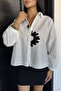 White Women's Modern Shirt with Floral Appliques - 2