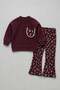 Girls Floral Patterned Burgundy School Sweatshirt and Spanish Flared Leggings Set - 2