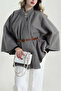 Women's Buttoned Belted Boucle Fabric Poncho - 2
