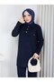 Knitwear Polo Collar Two-Piece Set with Trousers Navy Blue - 5