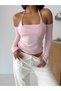 Crep Women's Off-The-Shoulder Halter Neck Corset Detailed Long Sleeve Crop Blouse 100% Cotton Ribbed - 4