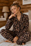 Bürümcük Knitted Long Sleeve Ruffled Leopard Patterned Women's Buttoned Pajama Set
