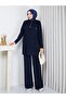 Knitwear Polo Collar Two-Piece Set with Trousers Navy Blue - 2