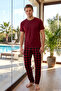Men's Short Sleeve Combed Cotton Pajama Set 3160 Claret Red - 3