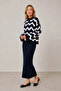 Women's Navy Blue Patterned Dress Sweater Bottom Top Double Knitwear Set - 5