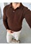 Soft Textured Polo Collar Knit Sweater m - Brown - 4