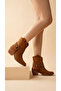 Handmade Pointed Metal Detailed Heeled Suede Women's Short Pull-On Cowboy Boots - 4