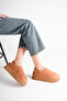 Women's Tan Suede Winter Slippers with Fur Inside and Back Strap, 5cm Thick Sole Sabo Slippers