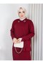 Knitwear Collar and Skirt Two-Piece Set with Stones in Burgundy - 5