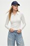 Women's Steel Combed Cotton Polo Collar Zippered Ecru Long Sleeve Knitted Blouse - 2