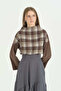 Plaid and Knitted Fabric Mix Crop Blouse - Brown - 2