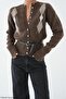 Women's Brown Buttoned Diamond Pattern Belted Wool Knitwear Cardigan - 2