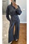 Women's Black Belt Detailed Jacket and Pants Set