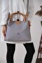 Women's Hand and Shoulder Bag with Embossed Logo, Double Strap, Flap, Stylish Bucket Shape, Light Gray