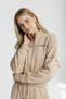 Women's Beige Oyshoo Low Sleeve Casual Crop Zipper Wide Leg Sweatpants Set - 78077 - 5