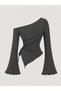 Anthracite One-Shoulder Ribbed Knitwear Blouse, Side Gathered Spanish Sleeve Asymmetrical Cut Women's Anthracite Gray Blouse - 4