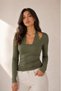 Women's Green Lace Strap Detailed U-Neck Long Sleeve Blouse