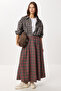 Checkered Pleated Flared Woven Skirt Lnt0044 Anthracite Burgundy - 2