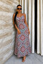 Ethnic Pattern Detailed Women's Rope Strap V-Neck Long Summer Stylish Dress