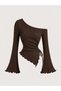 Dark Brown One-Shoulder Ribbed Knitwear Blouse, Side Gathered Spanish Sleeve Asymmetrical Cut Women's Bitter Brown Blouse