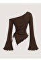 Dark Brown One-Shoulder Ribbed Knitwear Blouse, Side Gathered Spanish Sleeve Asymmetrical Cut Women's Bitter Brown Blouse - 4