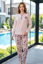 Women's Collar Button Detail Long Sleeve Combed Cotton Pajama Set 08 Powder - 2