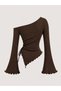 Dark Brown One-Shoulder Ribbed Knitwear Blouse, Side Gathered Spanish Sleeve Asymmetrical Cut Women's Bitter Brown Blouse - 6
