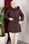 Detachable Hooded Fur and Welsoft Lined Hijab Coat 85cm - Brown