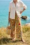 Women's Multi-Colored Ethnic Shawl Patterned Hand Embroidered Wide Leg Bohemian Trousers with Elastic Waist