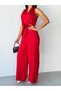 Red Tie-Front Patterned Satin Jumpsuit - 6