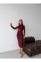 Burgundy Long Sleeve Sequin Embroidered Midi Dress with Accessory Detail - 2