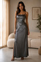 Anthracite Gray Rope Strap Stone Detailed Backless Satin Long Evening Dress Size 38