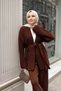 Women's Hijab Knitwear Two-Piece Set - Belted Cardigan and Wide-Legged Pants with Shawl Collar