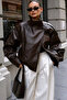 High Collar Asymmetrical Model Lined Textured Leather Jacket - 3