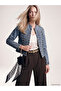 Women's Jean Jacket with High Collar and Decorative Buttons