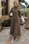 Buttoned Ribbed Belted Linen Light Brown Dress