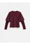 Women's Double Layered Crew Neck T-Shirt with Lace Sleeve Detail - Burgundy - 4