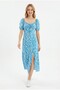 Women's Floral Patterned Square Neckline Low-Cut Chest Short Sleeve Slit Detailed Summer Stylish Model Dress