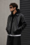 Men's Black Oversize Leather Jacket – Bomber Collar Premium Streetwear Casual Coat - 2
