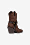 Brown Matte Suede Chain Buckle Detail Pointed Toe Western Cowboy Boots - 3