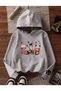 Girl's Drink and Cats Printed Hooded Gray Sweatshirt - 2