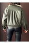 Double-Breasted Leather Coat with Fur Collar - Khaki - 5