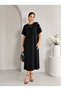 Women's Crew Neck Sleeve Button Detailed Oversize Flowy Casual Dress - 3